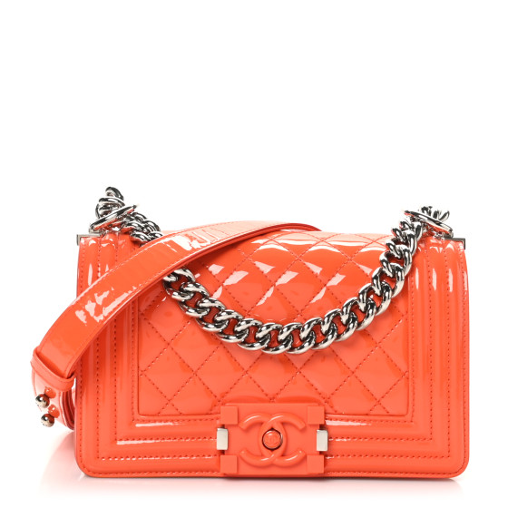CHANEL Patent Calfskin Quilted Small Plexiglass Boy Flap Orange