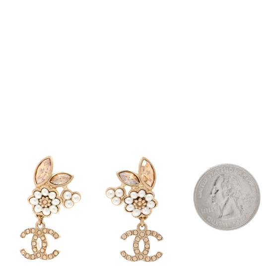 CHANEL Pearl Crystal Drop CC Earrings Gold White