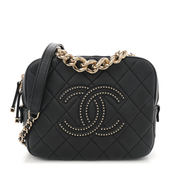 CHANEL Lambskin Quilted Studded Quilted Vanity Case With Chain Black