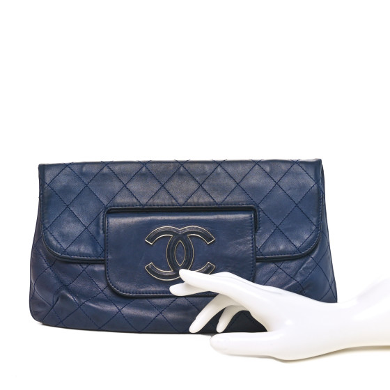 CHANEL Lambskin Diamond Stitch Convertible Clutch Navy