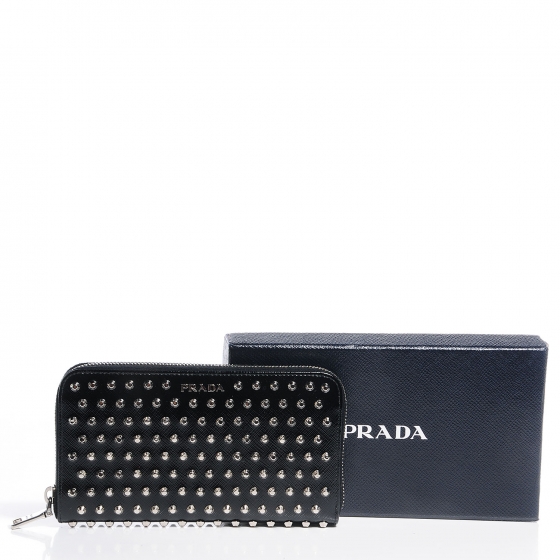 PRADA Saffiano Vernice Studded Zip Around Wallet Black 85144