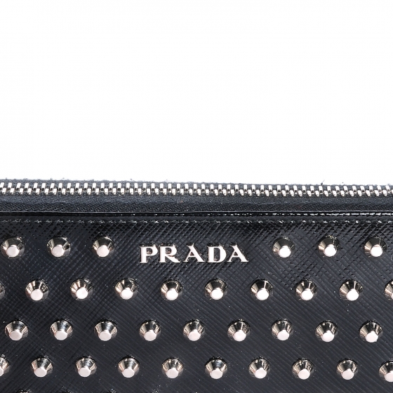 PRADA Saffiano Vernice Studded Zip Around Wallet Black 85144