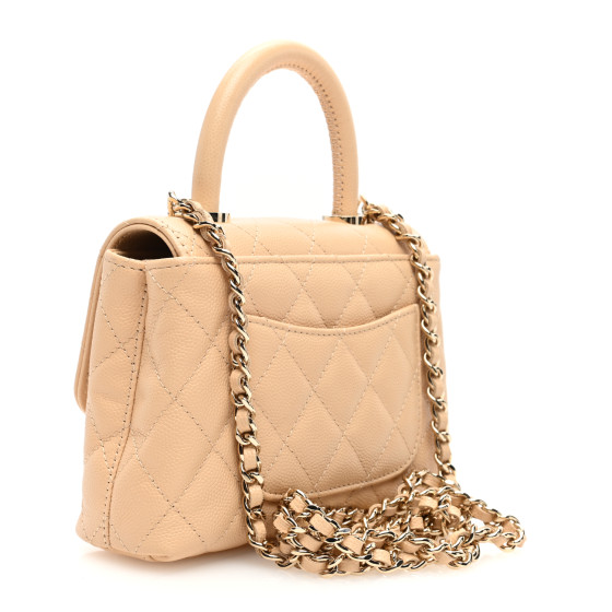 CHANEL Caviar Quilted Coco Handle Clutch With Chain Beige
