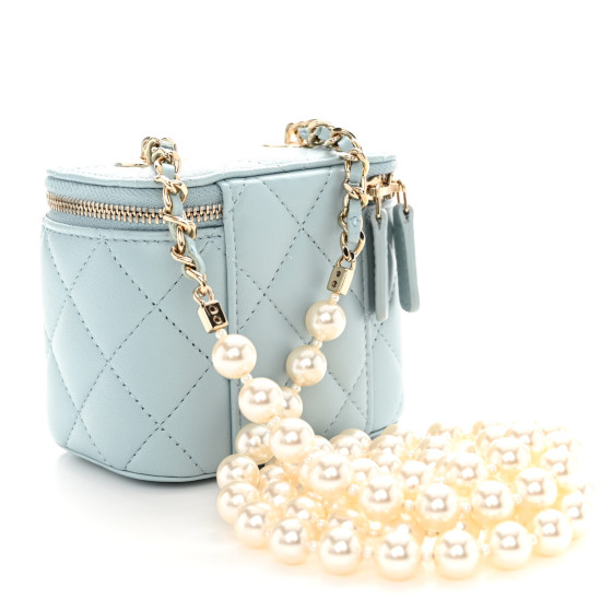 CHANEL Lambskin Quilted Mini Vanity Case With Pearl Chain