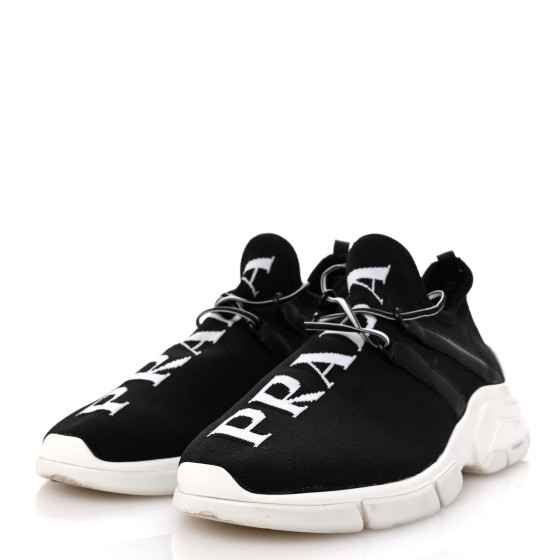 PRADA Knit Fabric Logo Womens Sneakers 37 Black White