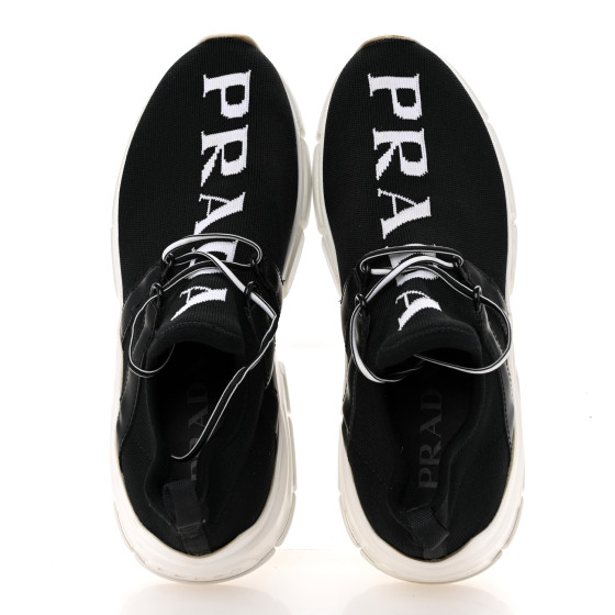 PRADA Knit Fabric Logo Womens Sneakers 37 Black White