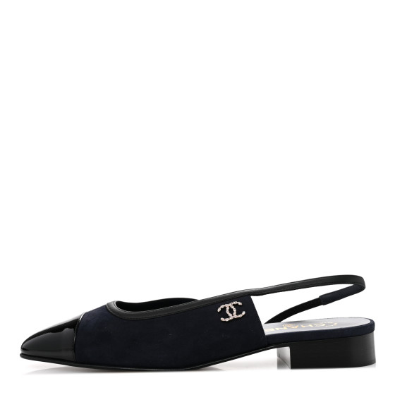 CHANEL Suede Patent Cap Toe CC Coco Slingback Pumps 41 Navy
