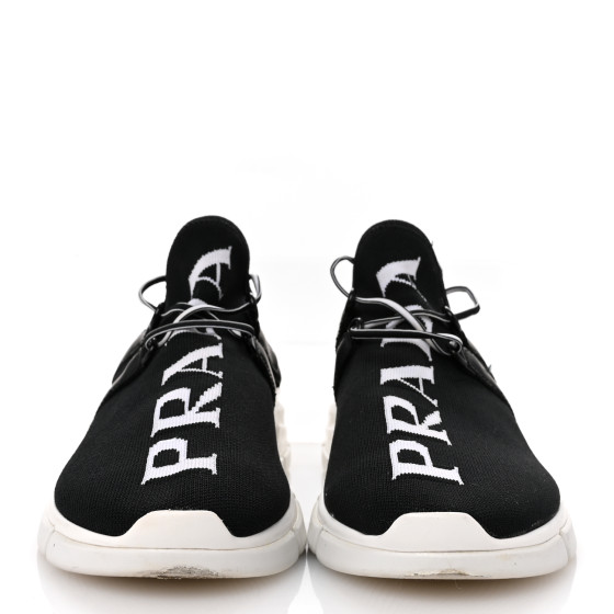 PRADA★素敵！FABRIC KNIT LOGO LACE UP SNEAKERS Prada Logo Knit Sneakers Black White Low Top Lace Up Sz 8.5