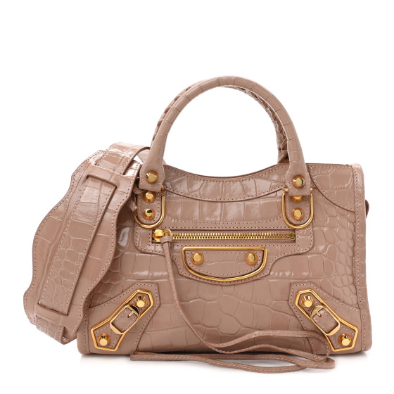 Balenciaga ベージュ ミニシティ　ゴールド BALENCIAGA Shiny Supple Calfskin Crocodile Embossed Gold