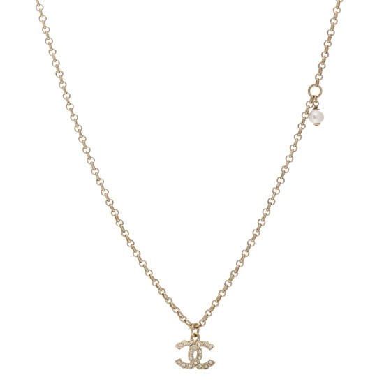 CHANEL Pearl Crystal CC Pendant Necklace Gold