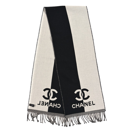 CHANEL Wool CC Logo Fringe Scarf Black White 1555107