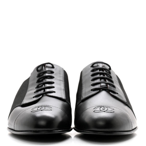 CHANEL Calfskin Elastic Lace Up Cap Toe CC Loafers 38 Black