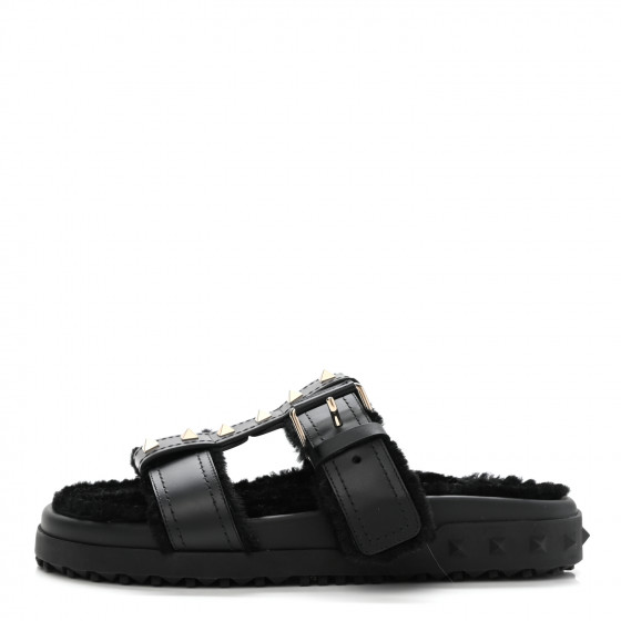 VALENTINO GARAVANI Shearling Rockstud Slide Sandals 38 Black