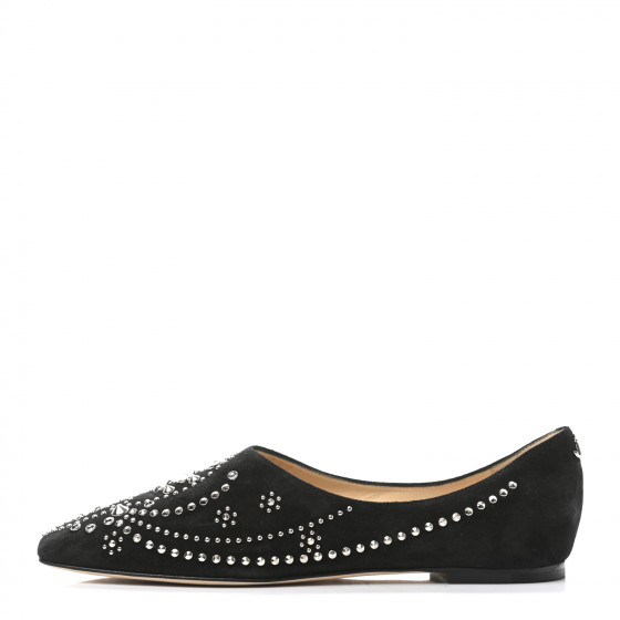 JIMMY CHOO Suede Floral Studded Joselyn Flat 37.5 Black