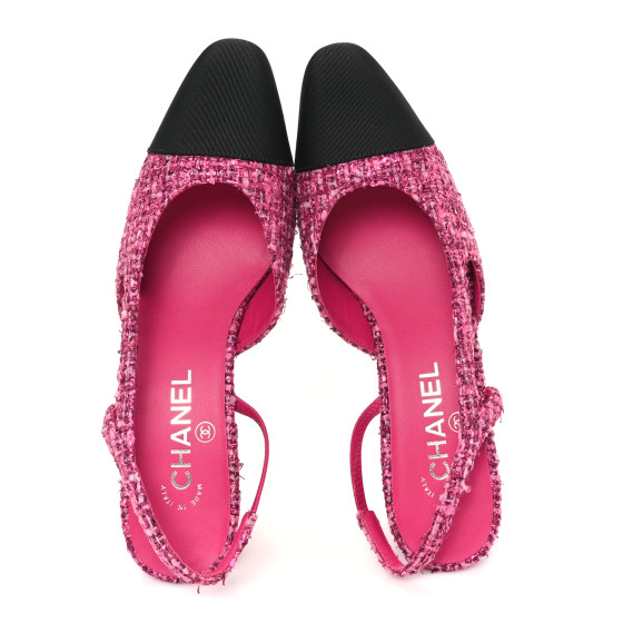 CHANEL Tweed Grosgrain Cap Toe CC Slingback Pumps 39 Pink