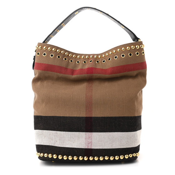 BURBERRY Canvas Mega Check Studded Medium Ashby Bucket Bag