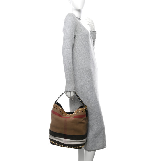 BURBERRY Canvas Mega Check Studded Medium Ashby Bucket Bag