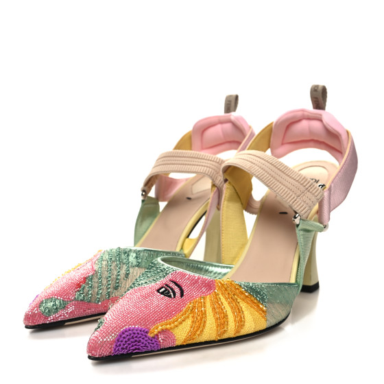 Colibri 【FENDI】FF刺繍 ベルベット FENDI Technical Mesh FF Colibri 85mm Slingback Pumps 37 Rose