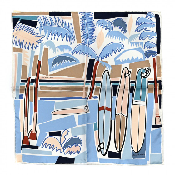HERMES Silk Sea Surf and Fun Scarf 45 White Bleu Ciel Beige