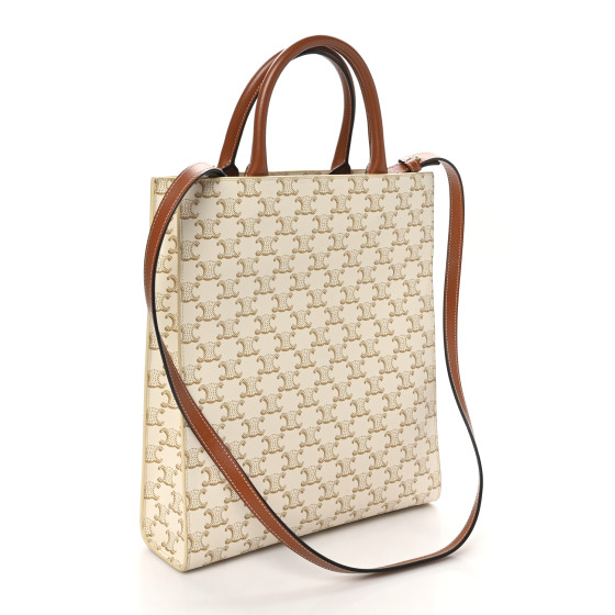 CELINE Triomphe Canvas Calfskin Small Vertical Cabas White