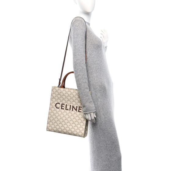 CELINE Triomphe Canvas Calfskin Small Vertical Cabas White