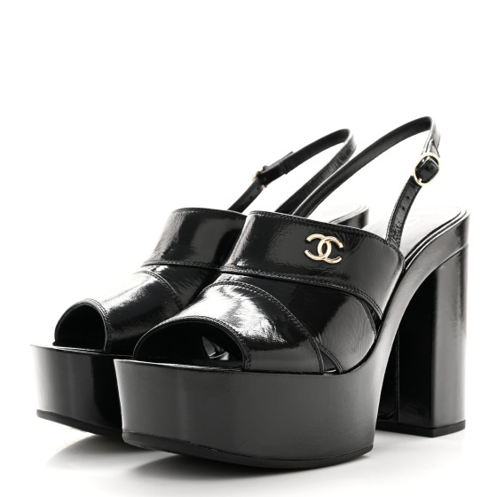 CHANEL Crumpled Patent Lambskin Platform Sandals 40.5 Black