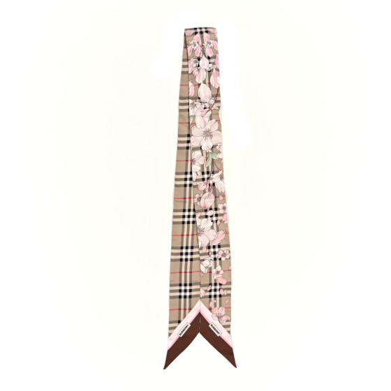 BURBERRY Silk Floral Check Print Skinny Scarf Beige 1359084