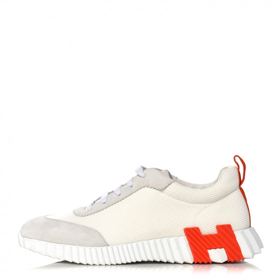 HERMES Technical Canvas Suede Goatskin Bouncing Sneakers 40 White Orange