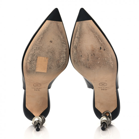 CHANEL Lambskin Slingback Snake Pearl Heel 39.5 Black