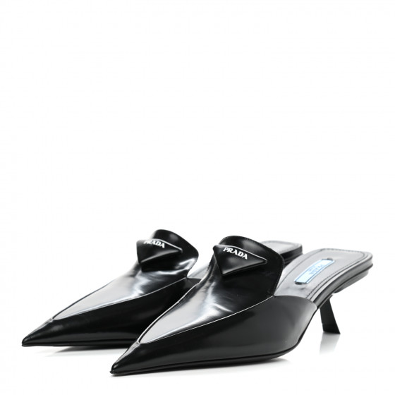 PRADA Spazzolato Triangle Logo Pointed Toe 55mm Mules 38