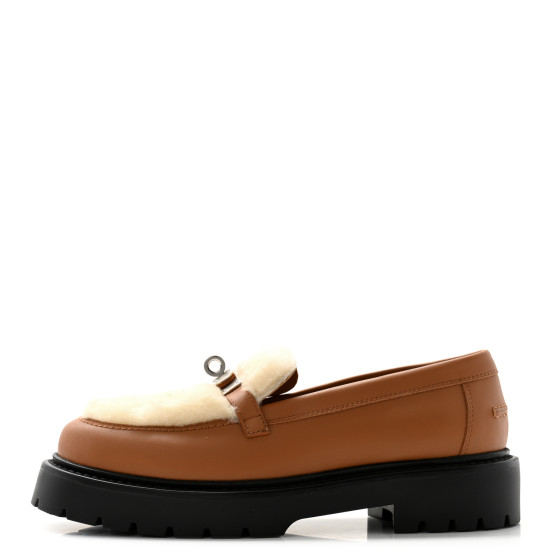 HERMES Calfskin Shearling Icone Loafers 36.5 Naturel 1594903