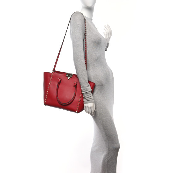 VALENTINO GARAVANI Vitello Rockstud Double Handle Tote Rosso