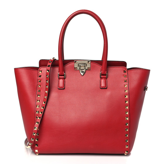 バッグ Valentino Double Handle Tote VALENTINO GARAVANI Vitello Rockstud Double Handle Tote Rosso