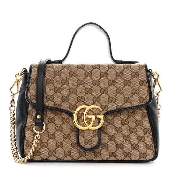 GUCCI Monogram Matelasse Diagonal Small GG Marmont Top Handle Shoulder Bag Beige Black