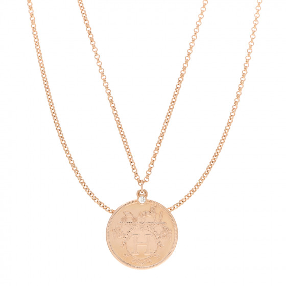 HERMES 18K Rose Gold Diamond MM Ex-Libris Pendant Necklace