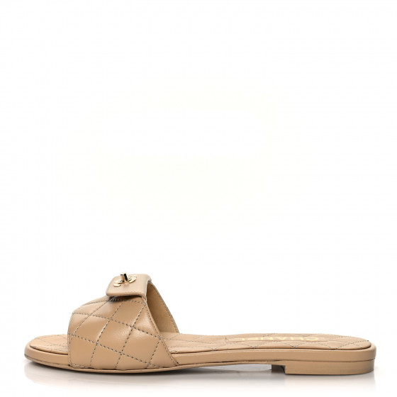 CHANEL Lambskin Quilted CC Turnlock Sandals 36 Beige 1055488