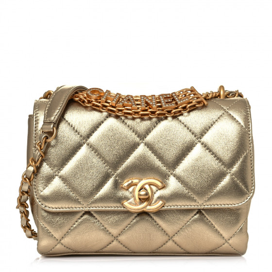 CHANEL Metallic Lambskin Quilted Mini CC Crystal Logo Chain