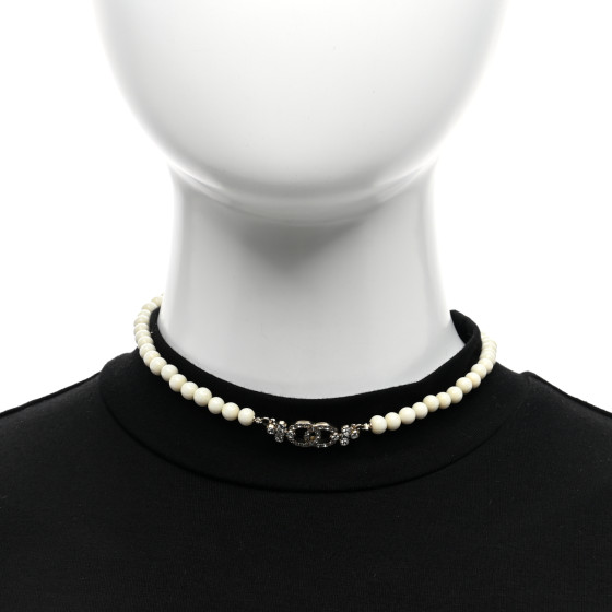 CHANEL Enamel Crystal CC Flower Choker Necklace White Light