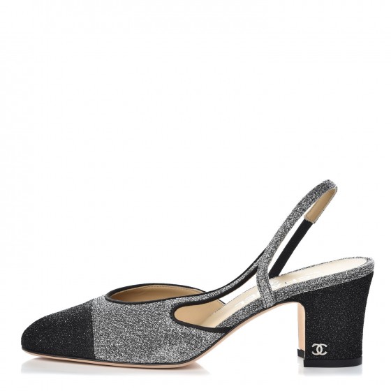 CHANEL Glitter Grosgrain Cap Toe CC Slingback Pumps 37.5