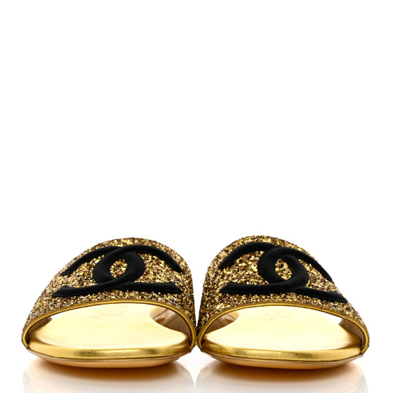 CHANEL Glitter Fabric CC Mules 40 Gold Black 1186132