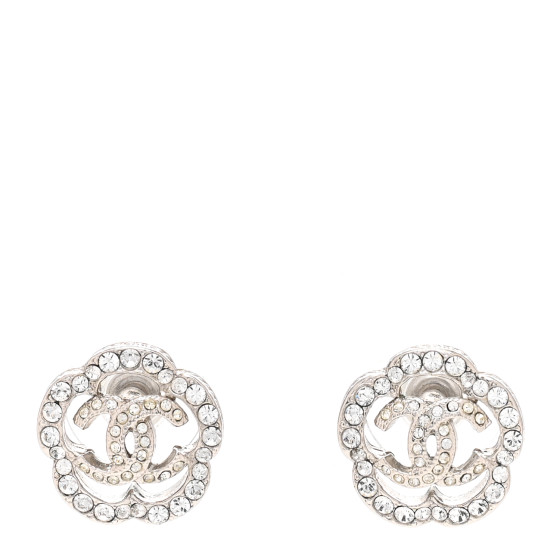 CHANEL Crystal Coco Flapper Camellia CC Stud Earrings Silver