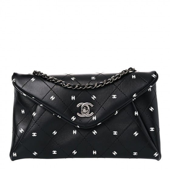 CHANEL Printed Lambskin Logo CC Envelope Clutch With Chain Black White  1017925