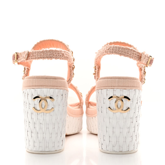 CHANEL Tweed CC Wedge Sandals 38 Light Pink 1378261