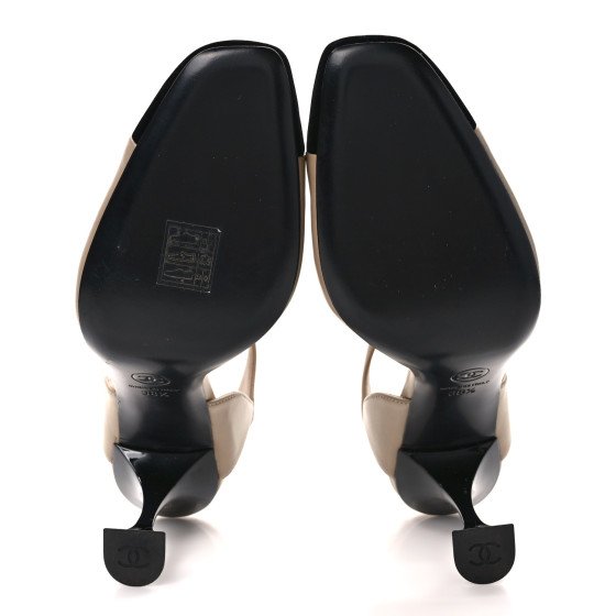 CHANEL Lambskin Velvet Cap Toe Logo Pumps 38.5 Beige Black