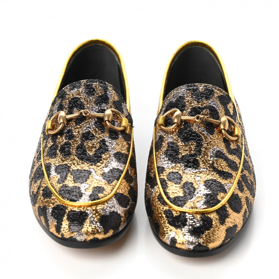 GUCCI Jacquard Leopard Print Horsebit Womens Jordaan Loafers