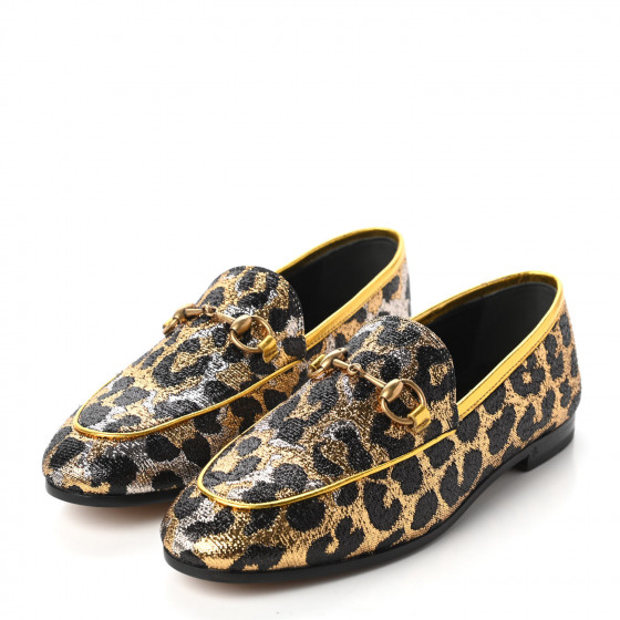 GUCCI Jacquard Leopard Print Horsebit Womens Jordaan Loafers