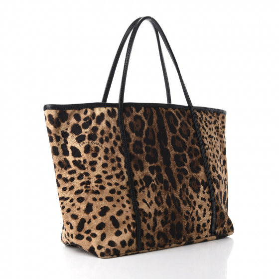 DOLCE & GABBANA Leopard Print Canvas Calfskin Animalier Tote