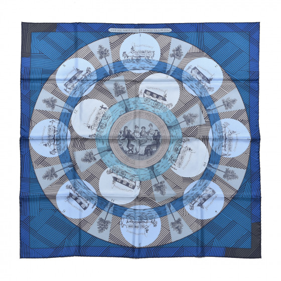 HERMES Silk Jeu Des Omnibus Remix Scarf 90 Cobalt Ciel Gris