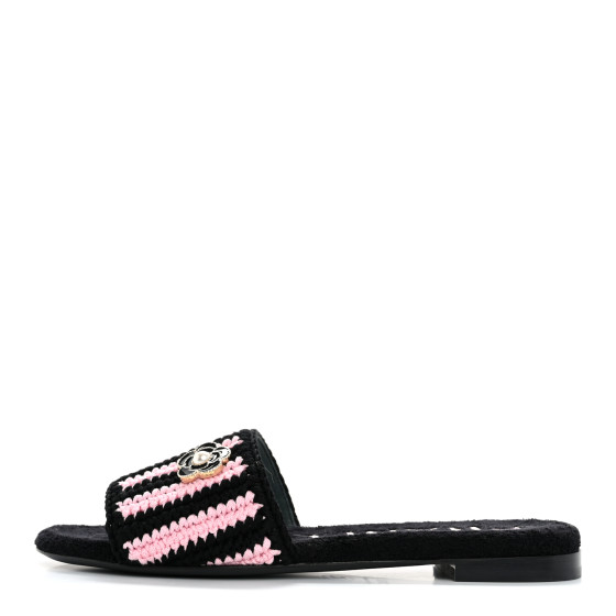 [CHANEL]★Crochet Mule Sandals CHANEL Crochet Striped Enamel Camellia Mules Sandals 36.5