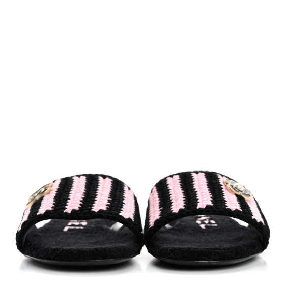 [CHANEL]★Crochet Mule Sandals CHANEL Crochet Striped Enamel Camellia Mules Sandals 36.5